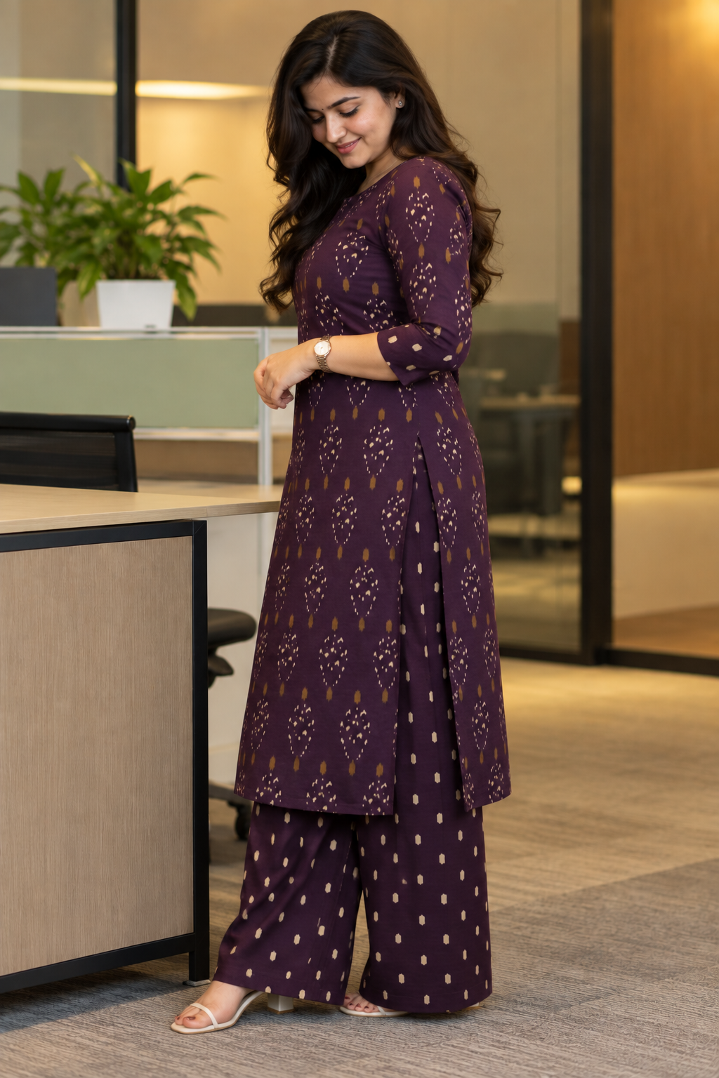 Workwear Collection - Purple Ikkat Printed Cotton Kurta Set