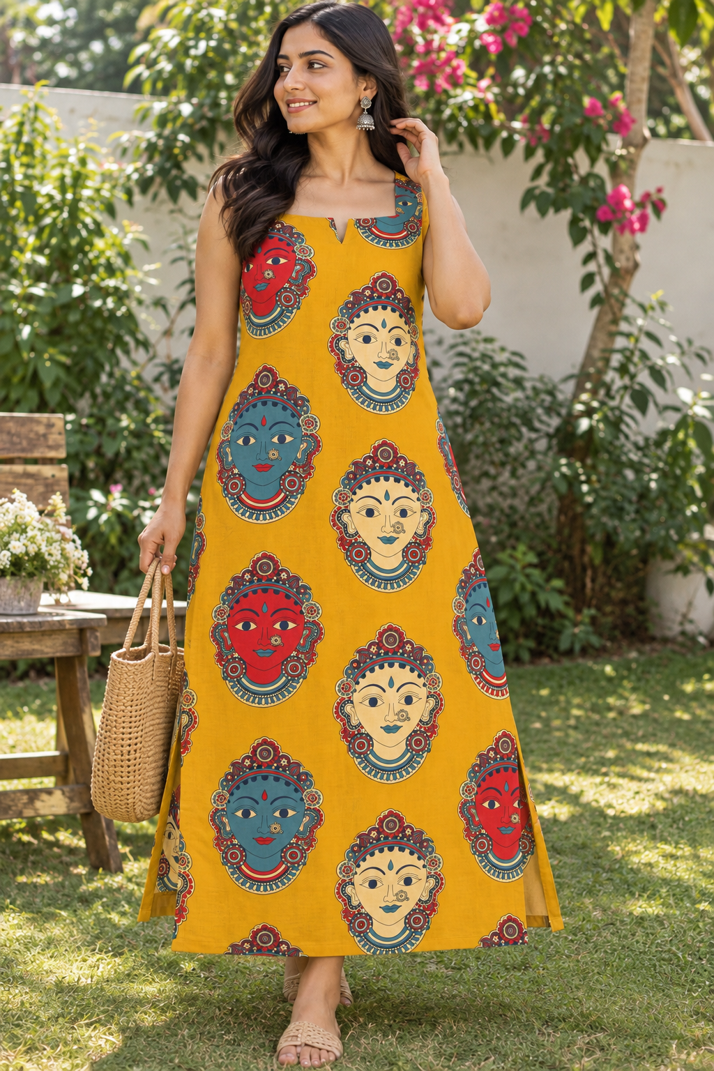 Kala - Kalamkari Face Printed Low Slitted Cotton Dress