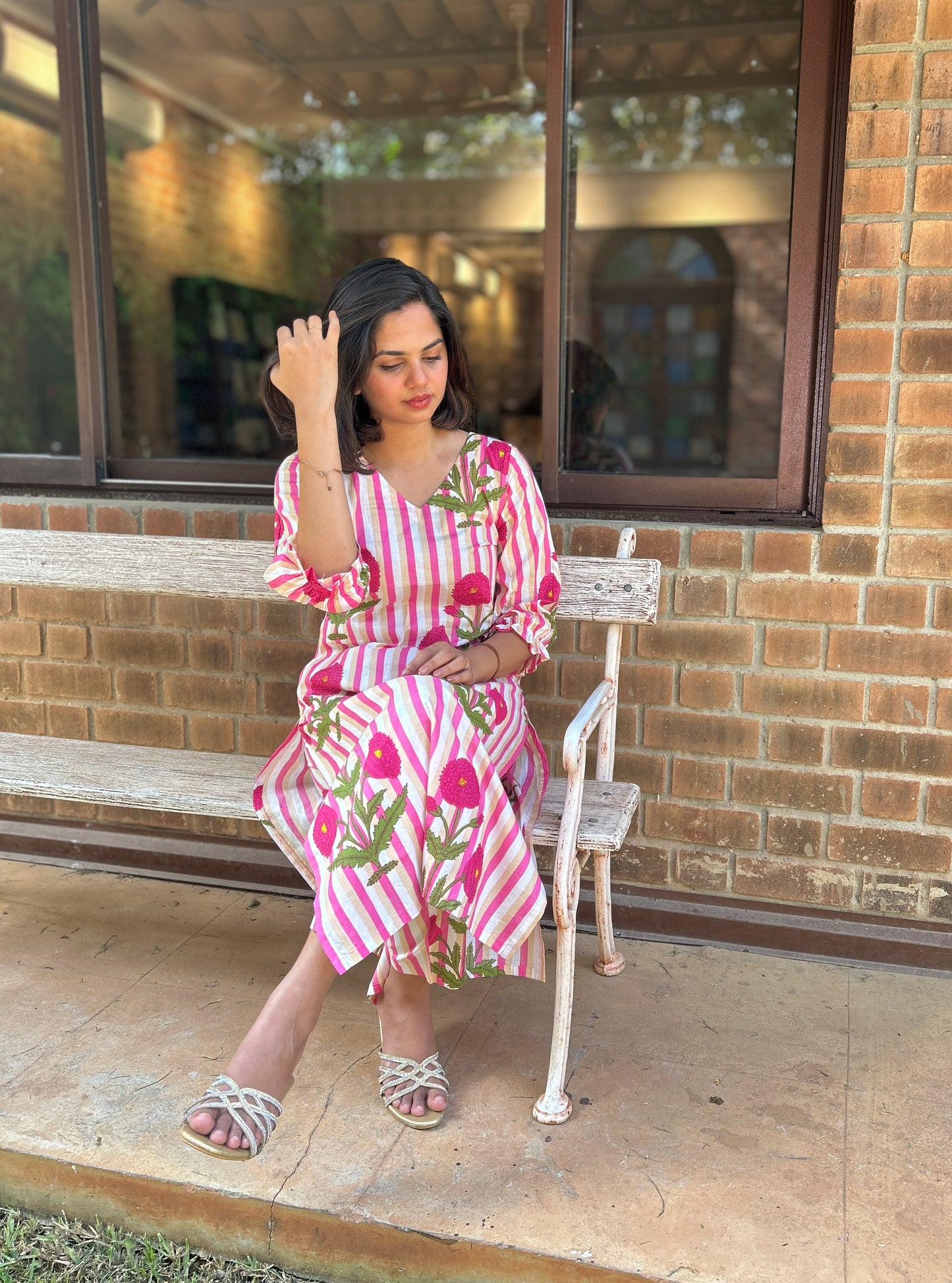 Pink Block Printed Stripe Kurta and Pant Set