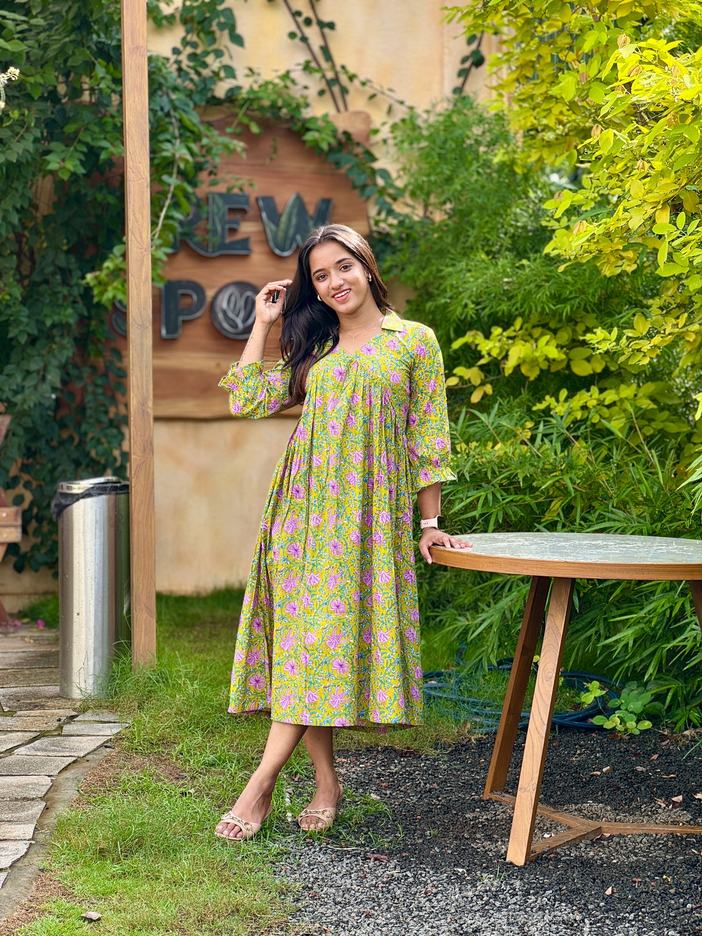 Light Green with Lavender Floral Alia Cut Cotton Dress/Kurta