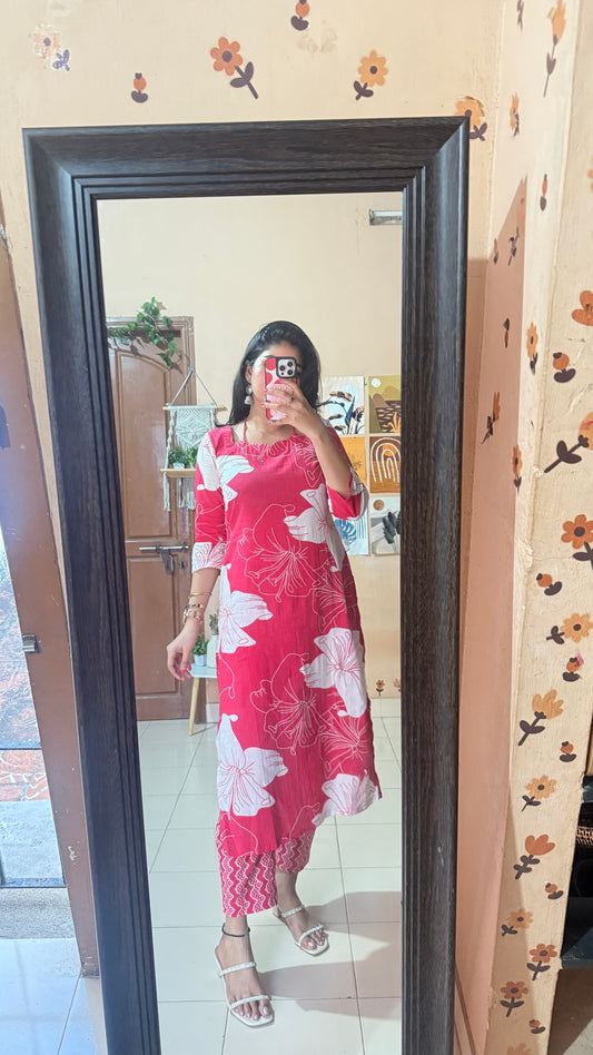 Raspberry Pink Cotton Kurta and Pant Set