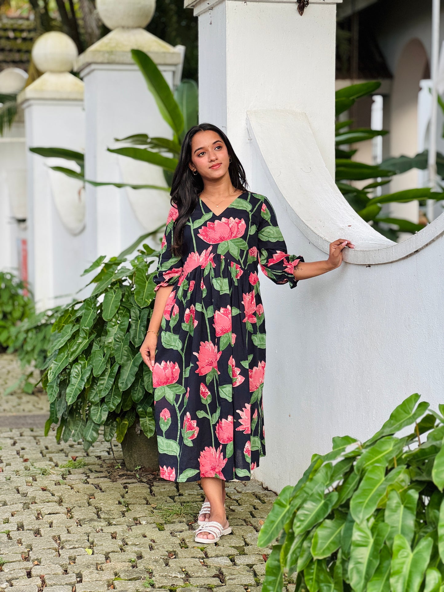 Dark Navy Blue With Lotus Printed Cotton Dress
