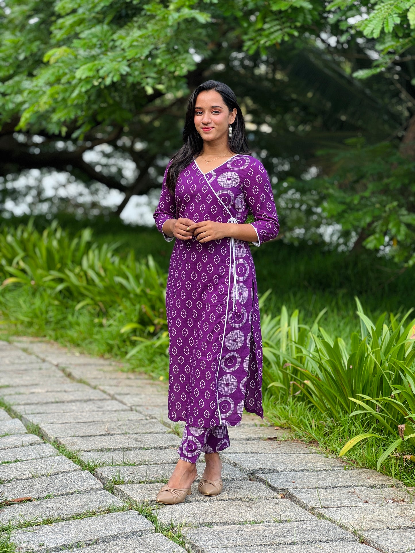 Purple Bandani Printed Angrakha Style Kurta Pant Set