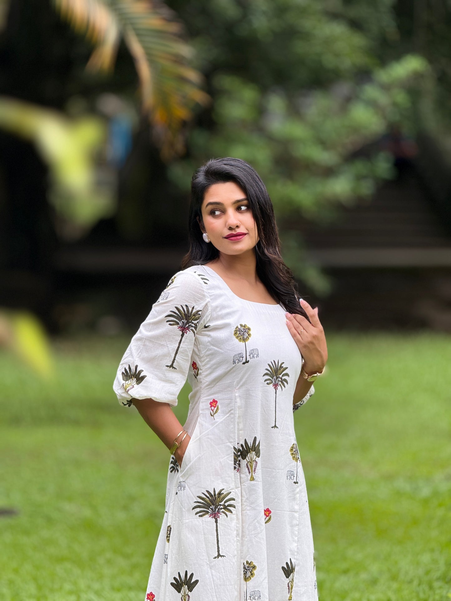 Ponnonam 2026 - Cotton Green Printed Aline Panel Dress