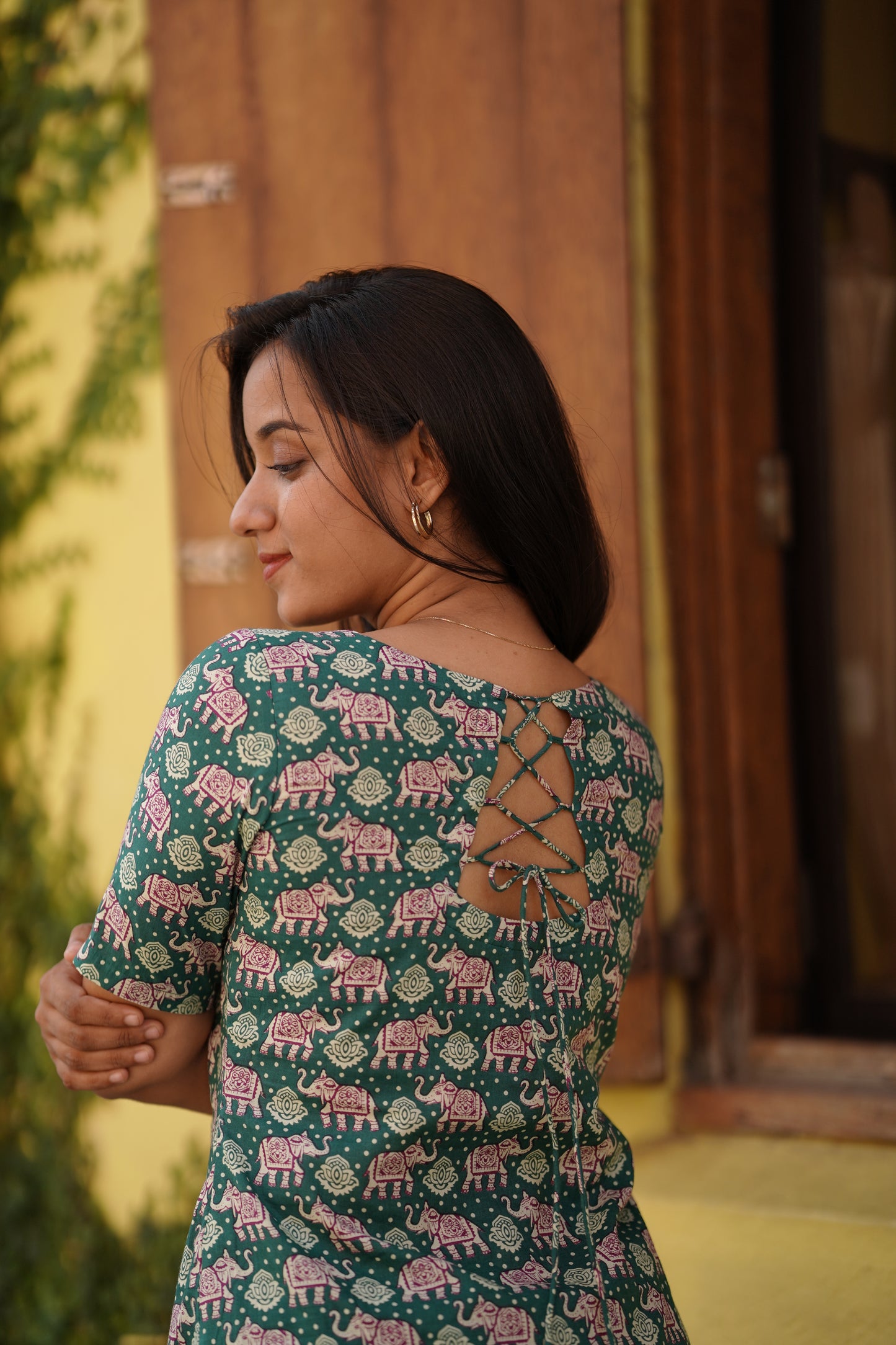 Green Traditional Elephant Print Kurta and Pant Set