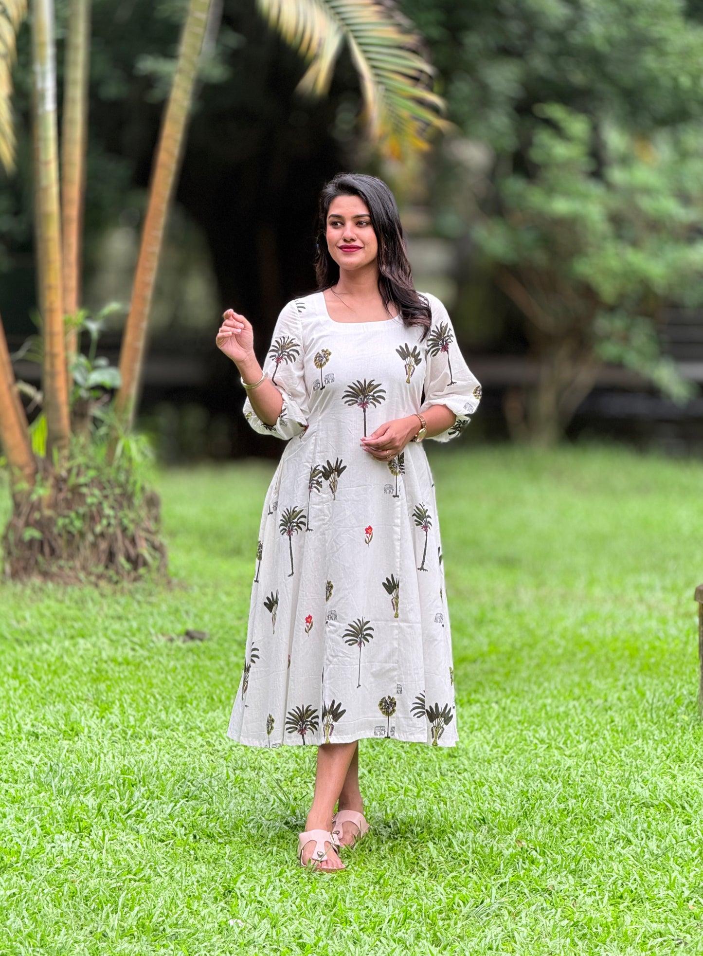 Ponnonam 2026 - Cotton Green Printed Aline Panel Dress
