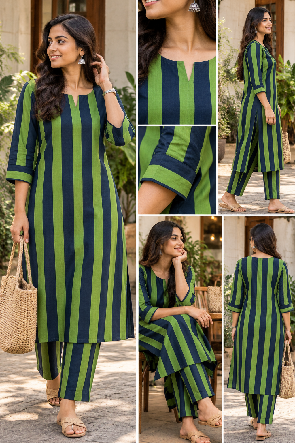 Green and Blue Striped Cotton Kurta Set