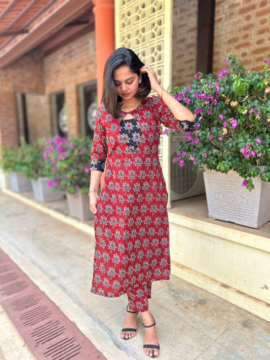 Designer Ajrakh Lotus Print Kurta and Pant Set