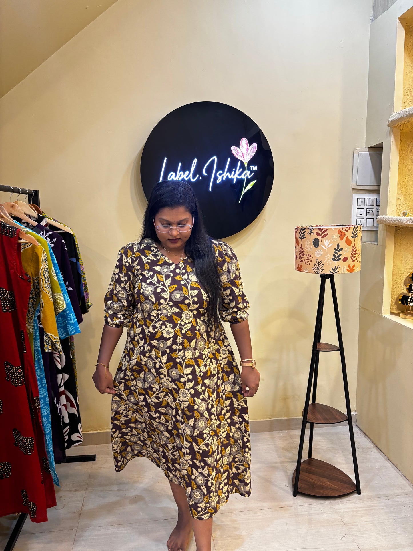 Dark Purple Kalamkari Printed Aline Dress with Back Zig Zag Tie