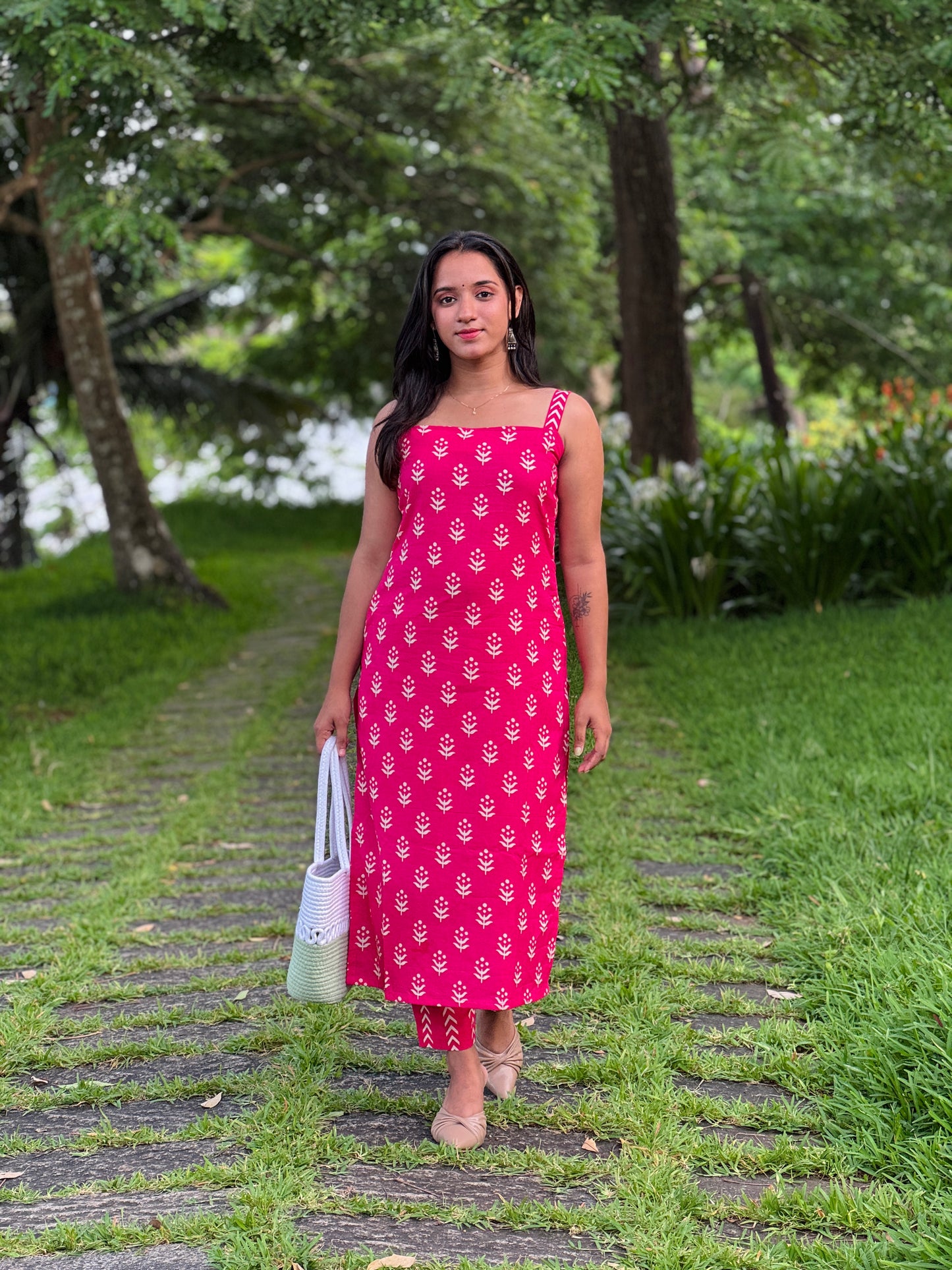 Pink Block Printed Strap Kurta and Pant Set