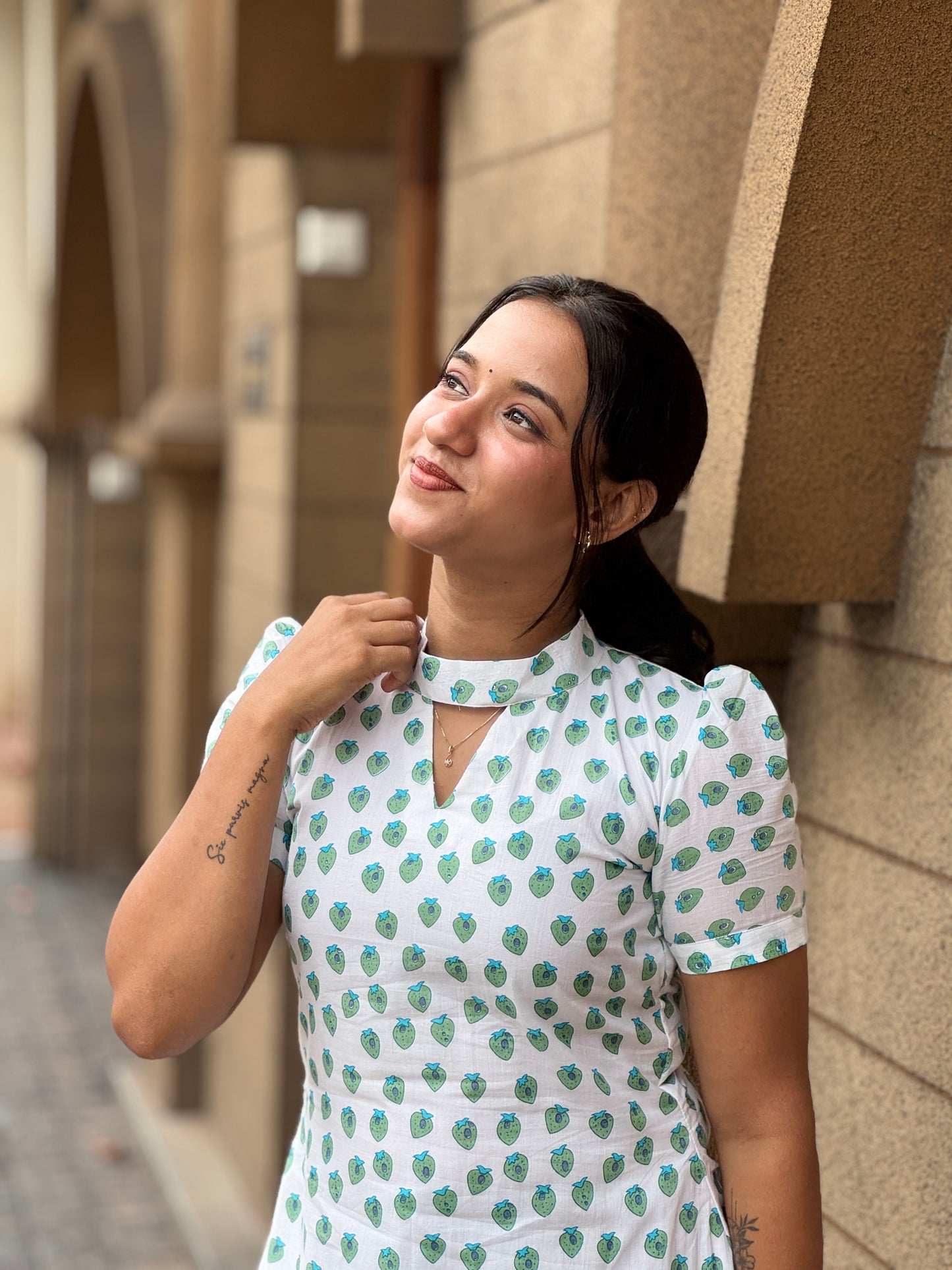 White Quirky Printed Cotton Dress