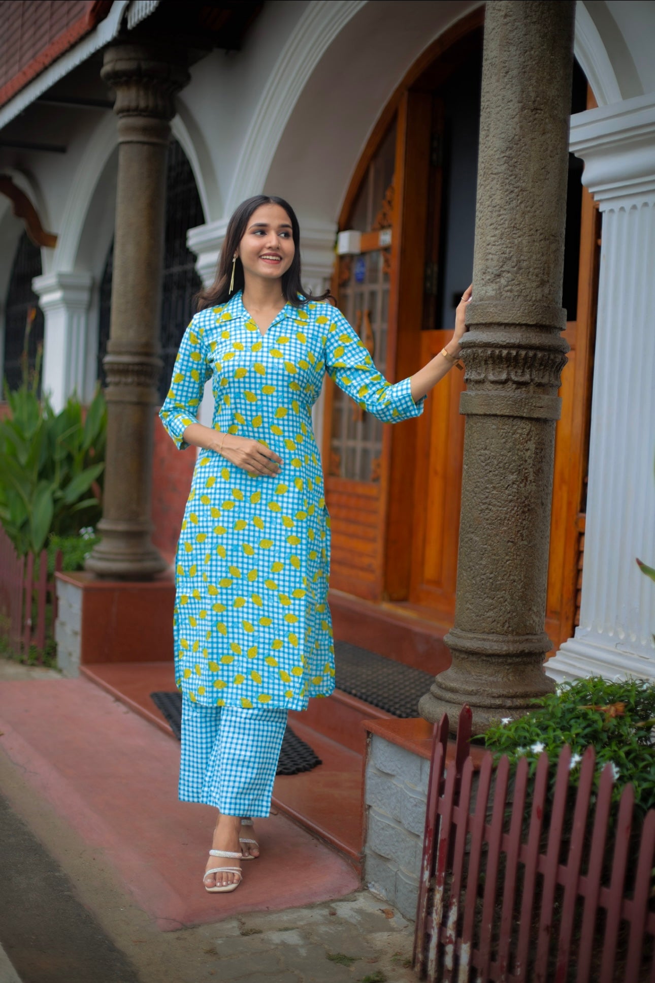 Blue Checkered Kurta and Palazzo Set with lemon print