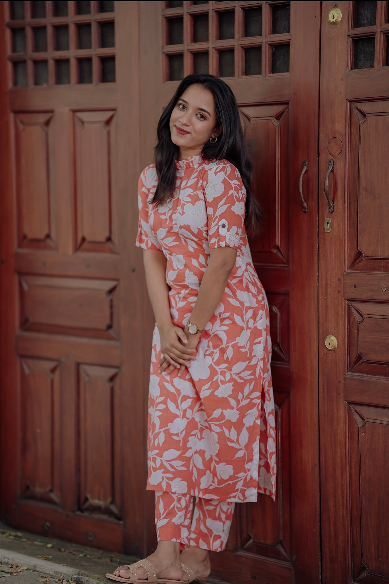 Peach Floral Printed Kurta and Pant Set
