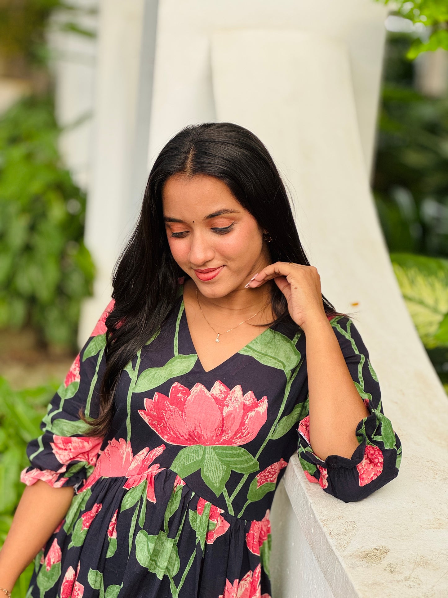 Dark Navy Blue With Lotus Printed Cotton Dress