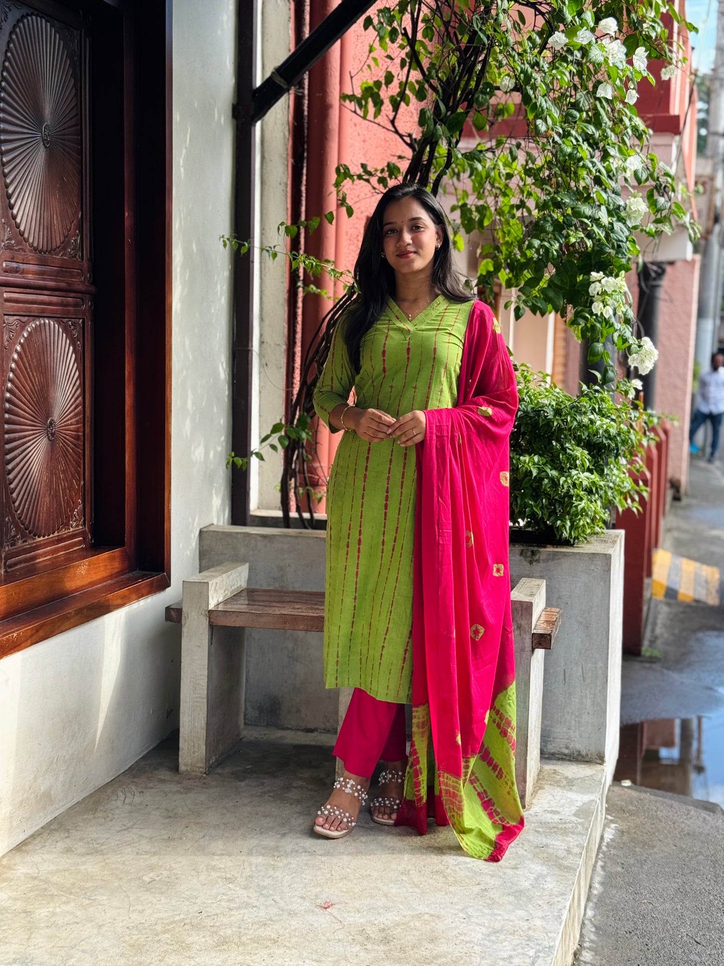 Green Shibori Kurta and Pant Set With Dupatta