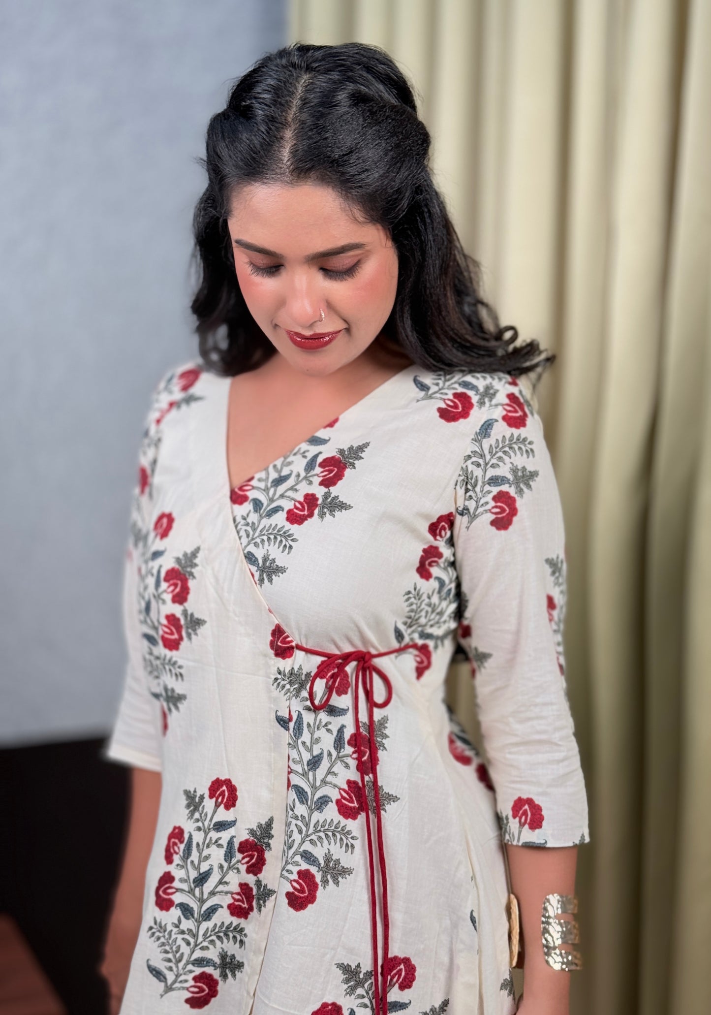 Sanganeri Florals*Wrap Silhouette Kurta/Dress with Plain Cotton Pants