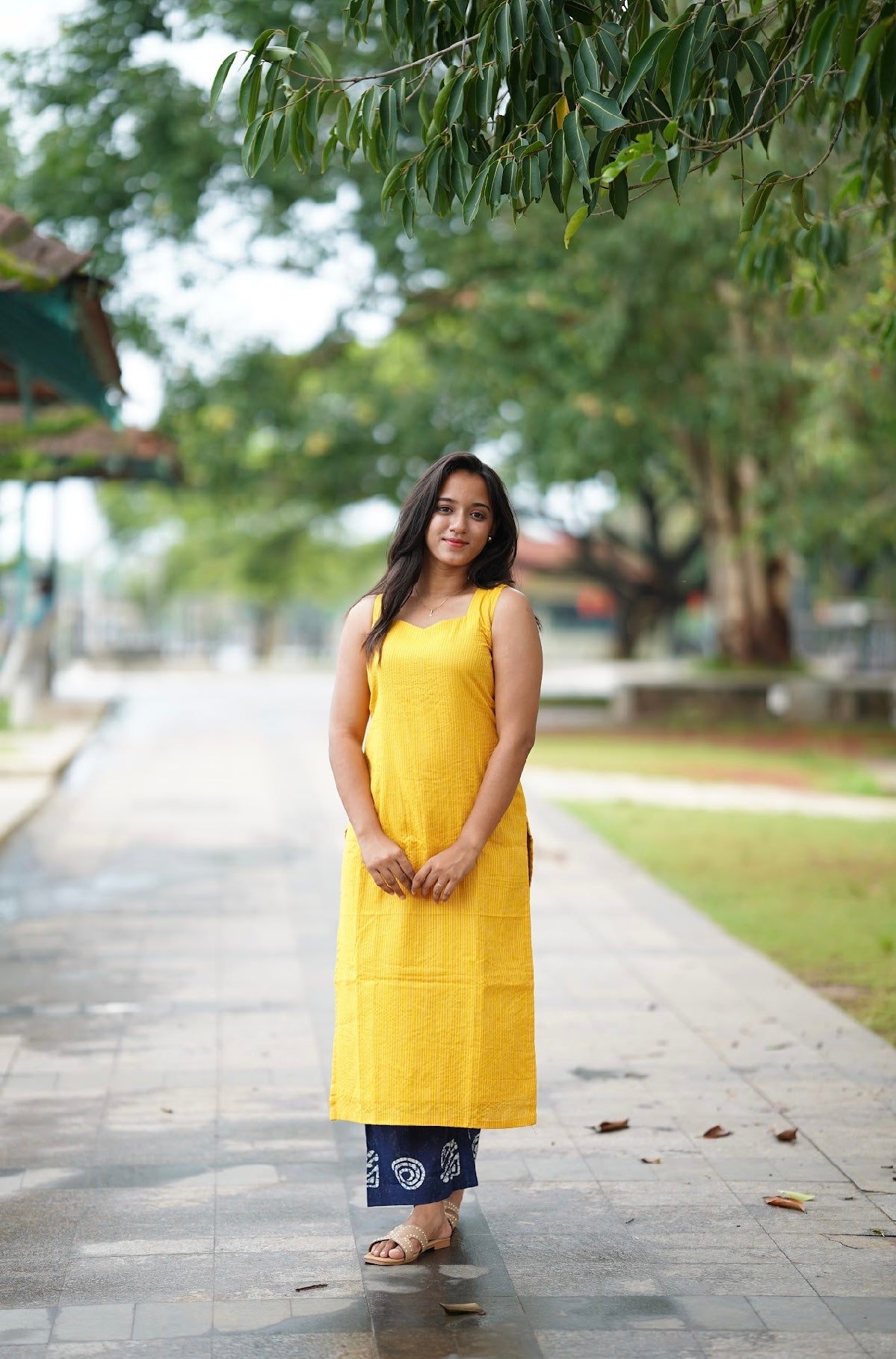 Yellow Kantha Cotton Kurta With Contrast Blue Printed Palazzo