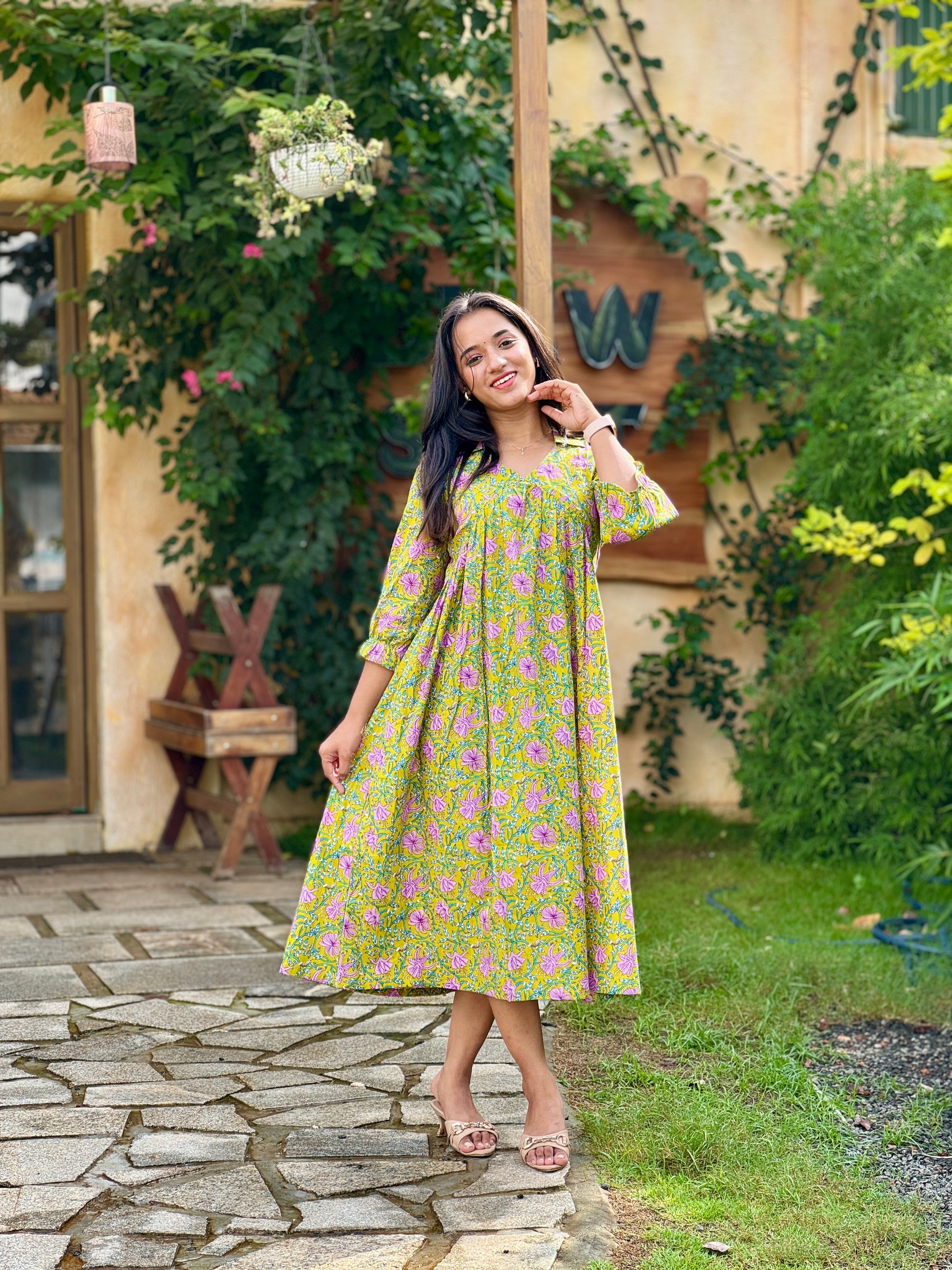 Light Green with Lavender Floral Alia Cut Cotton Dress/Kurta label.ishika Light Green with Lavender Floral Alia Cut Cotton Dress/Kurta label.ishika