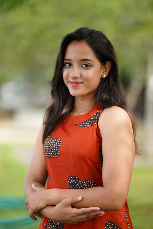 Rust Orange With Elephant Printed Kurta and Pant Set