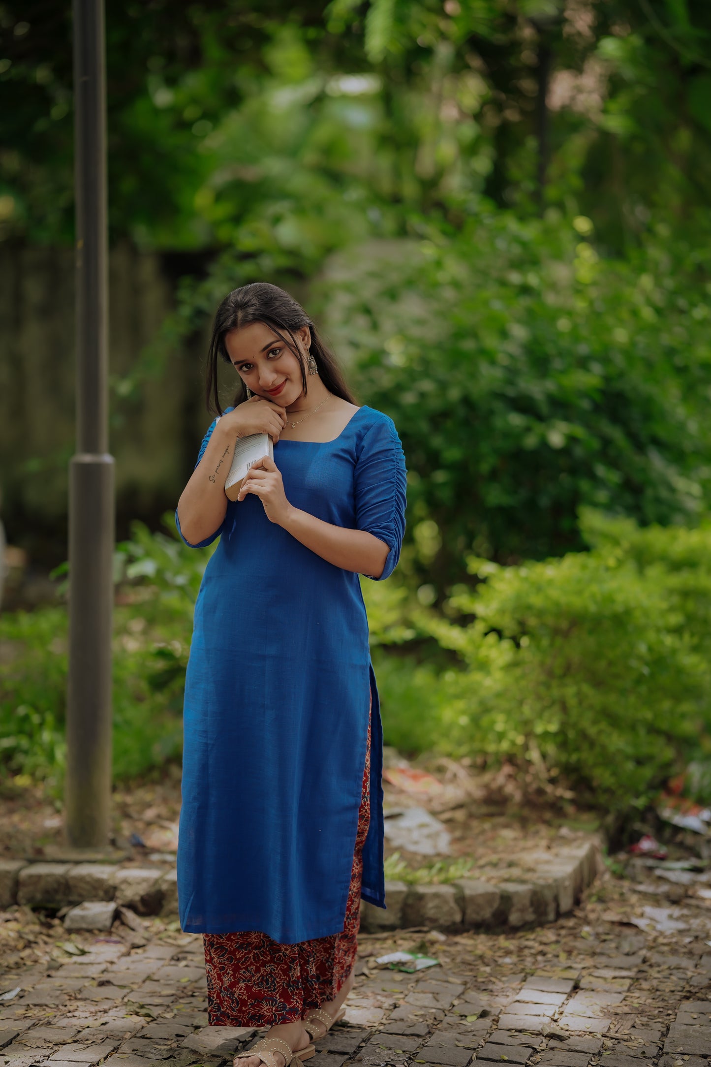 Plain Blue Kurta with Ruby Red Printed Palazzo