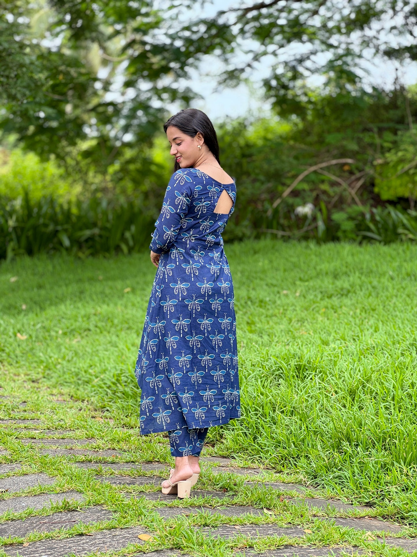 Blue Dragon Fly Printed Asymmetrical Kurta and Pant Set