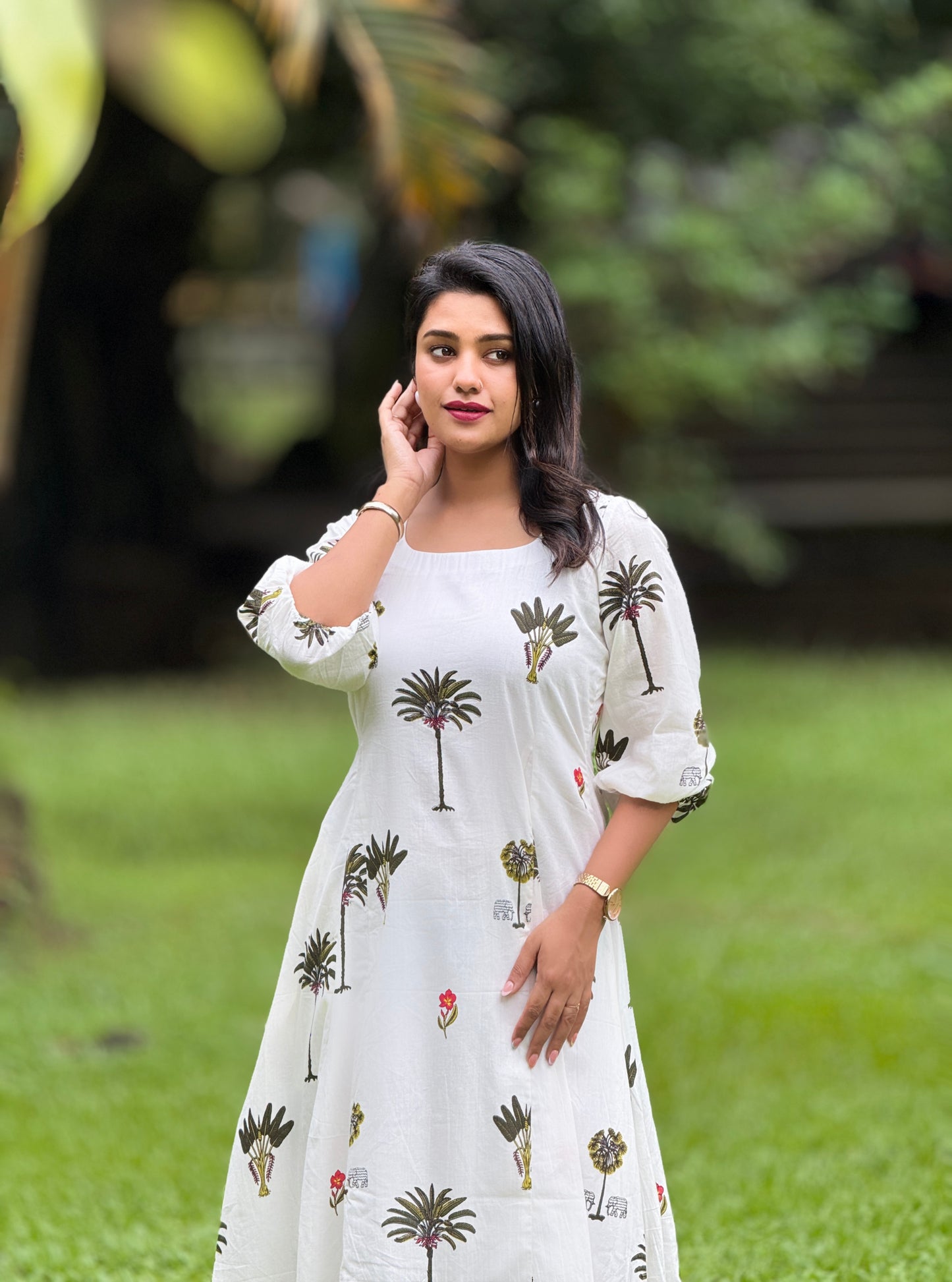 Ponnonam 2026 - Cotton Green Printed Aline Panel Dress