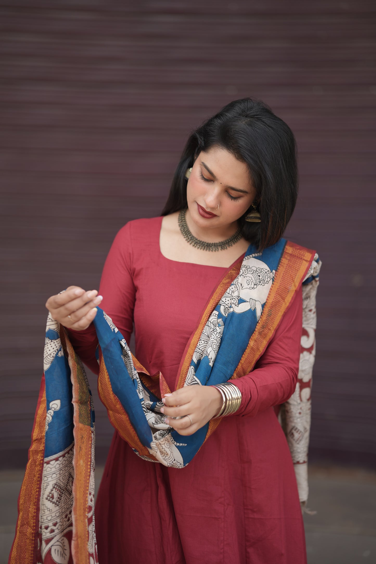 Festive Launch - Cotton Aline Panel kurta with Handmade Kalamkari Dupatta