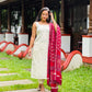Off White Golden Checkered Kurta and Pant Set with Linen Block Printed Dupatta