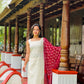 Off White Golden Checkered Kurta and Pant Set with Linen Block Printed Dupatta