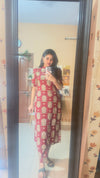 Reddish Maroon with Green Floral Printed Kurta and Pant Set