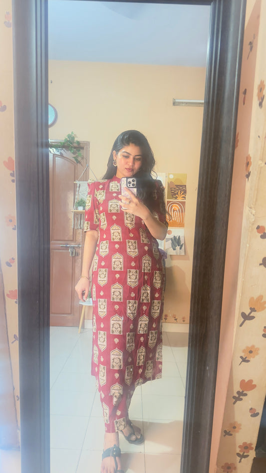 Reddish Maroon with Green Floral Printed Kurta and Pant Set