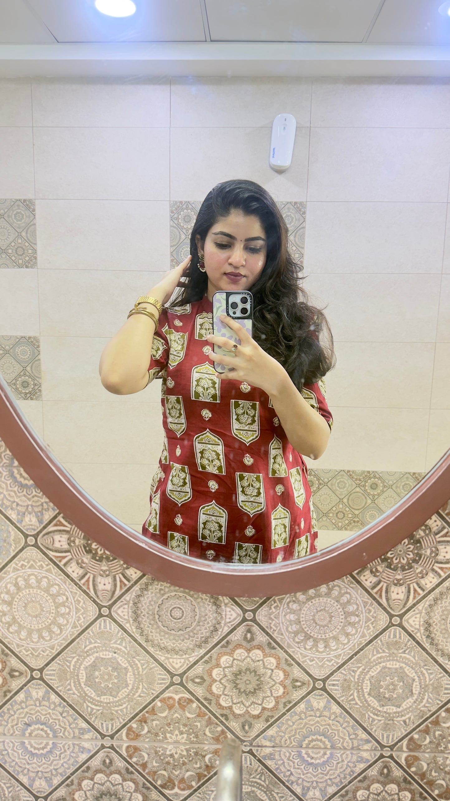 Reddish Maroon with Green Floral Printed Kurta and Pant Set