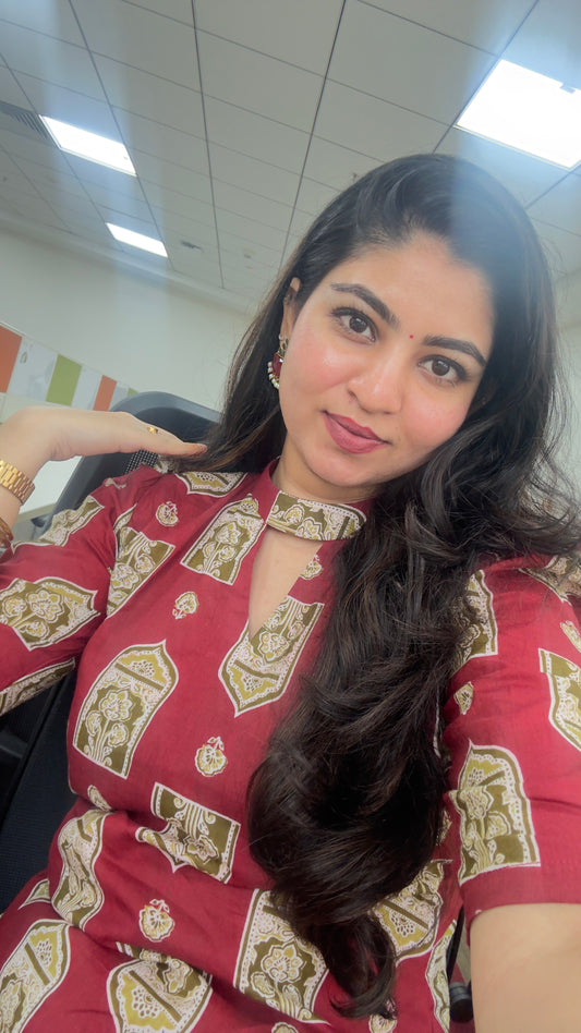 Reddish Maroon with Green Floral Printed Kurta and Pant Set