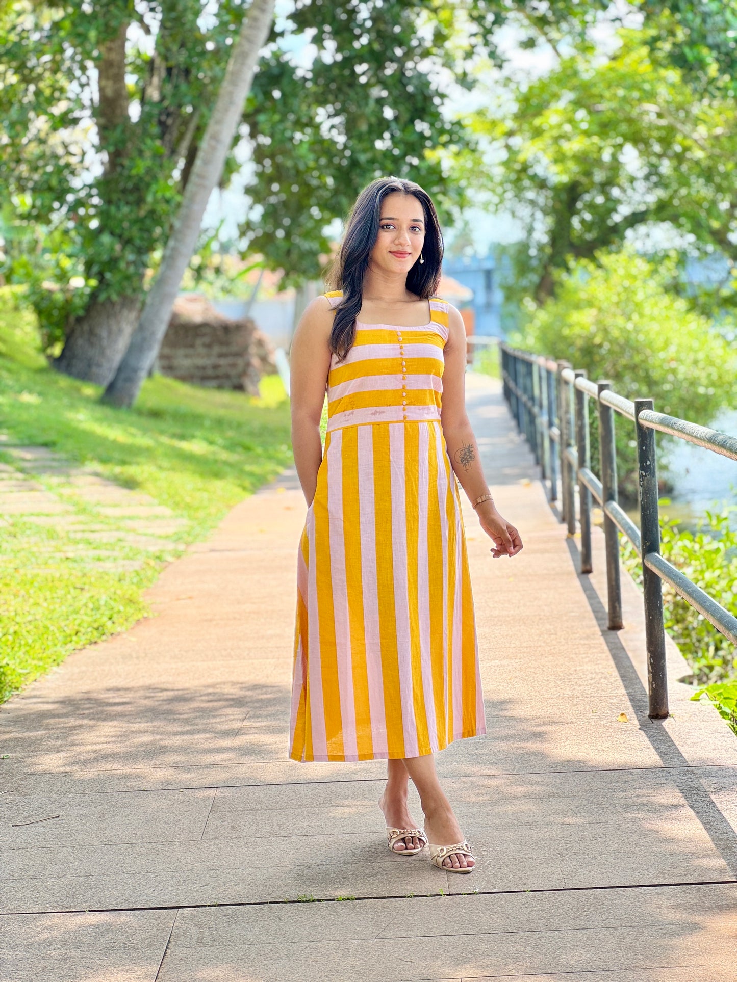 Block Printed Yellow and Baby Pink Striped Dress