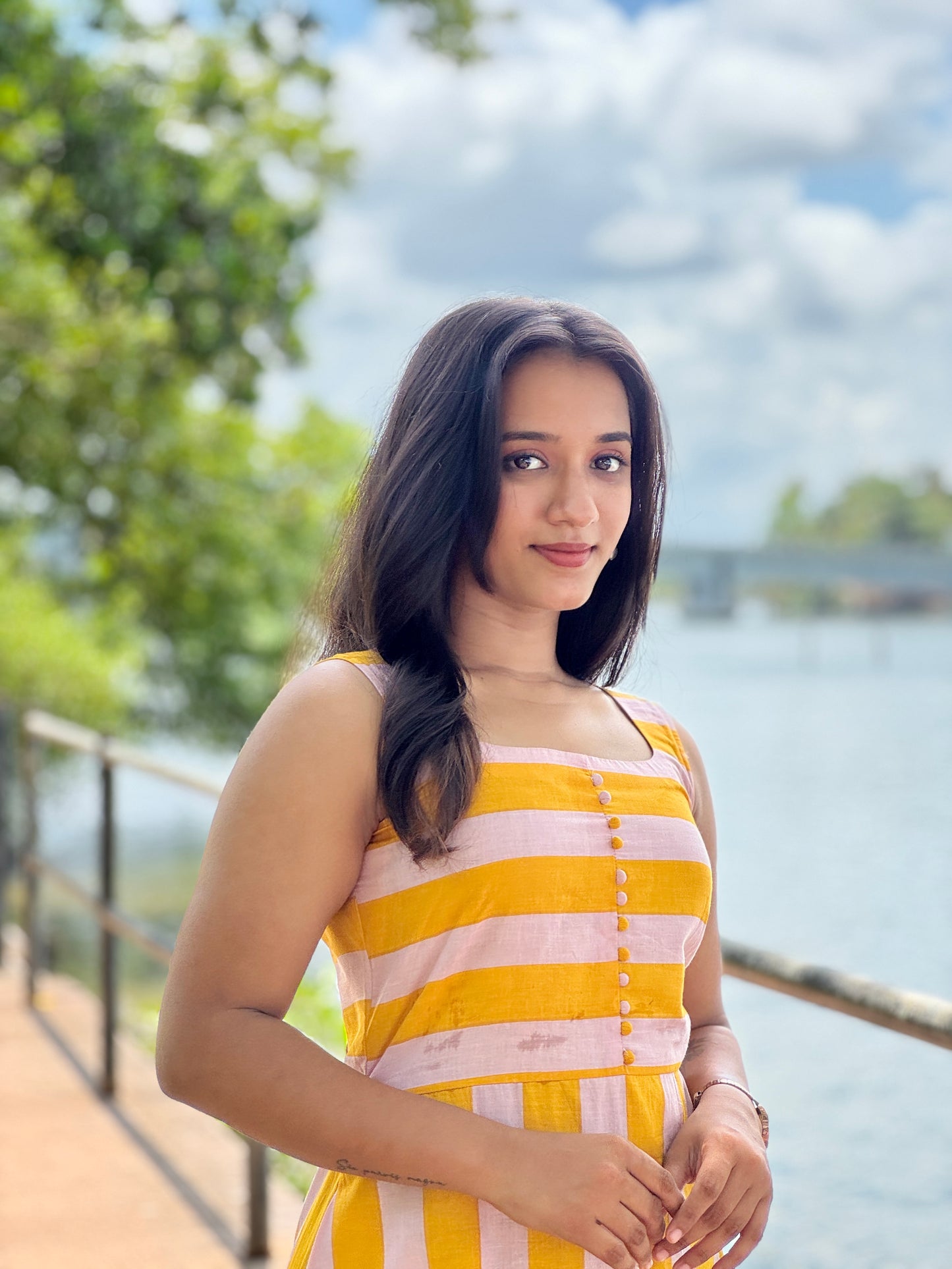 Block Printed Yellow and Baby Pink Striped Dress