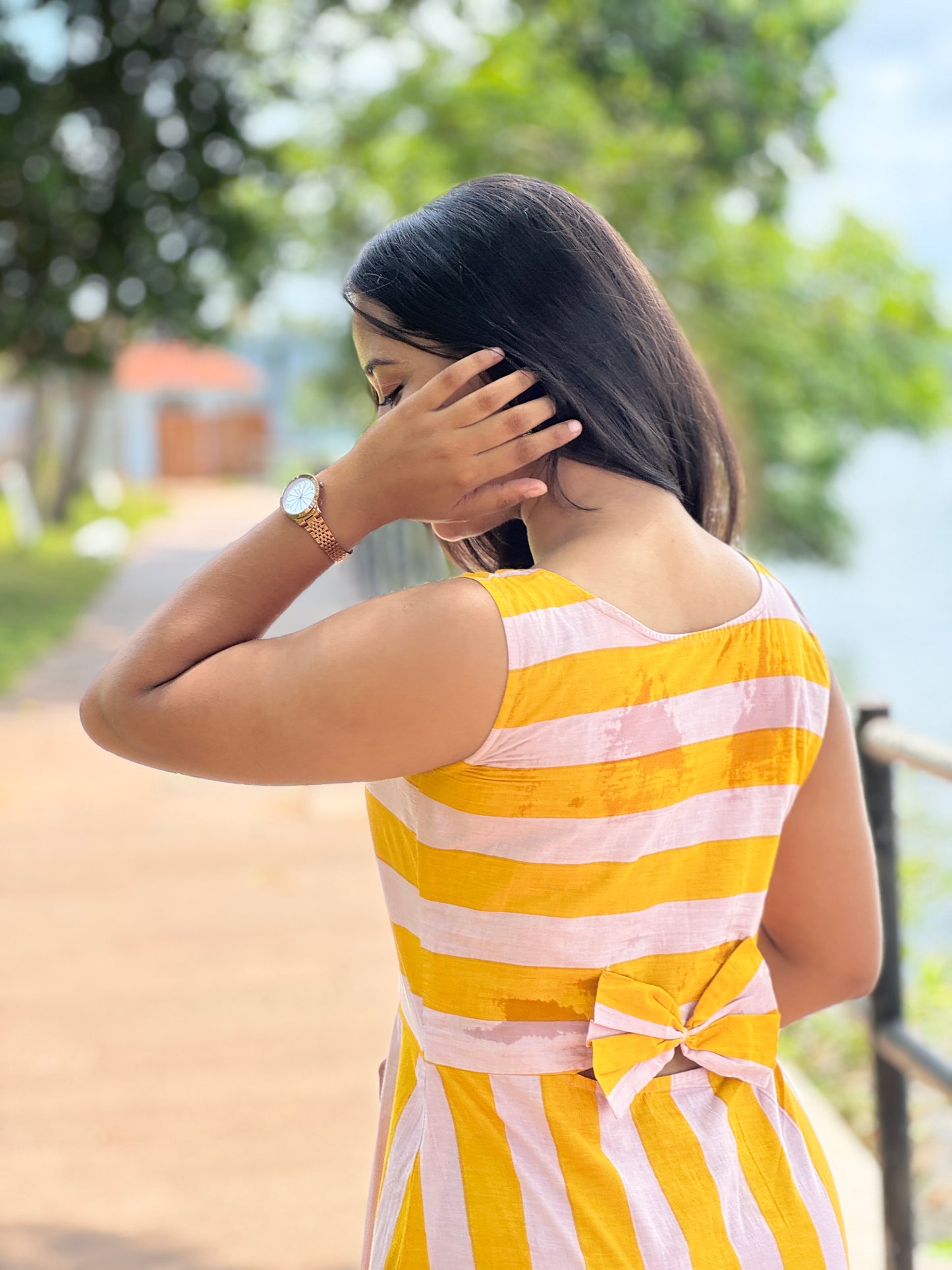 Block Printed Yellow and Baby Pink Striped Dress