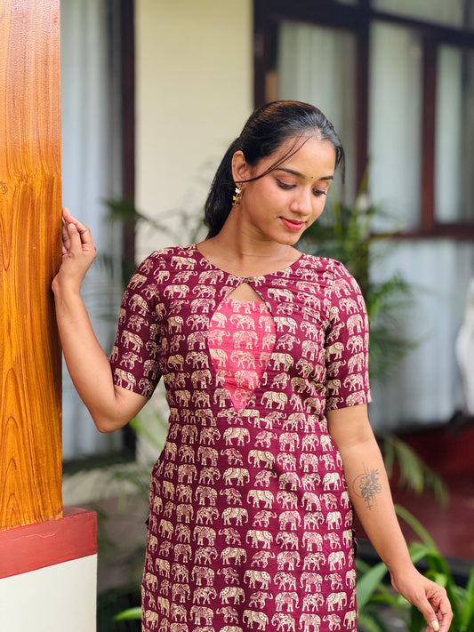 Purple Elephant Printed Kurta and Pant Set with Contrast Patch on Yoke