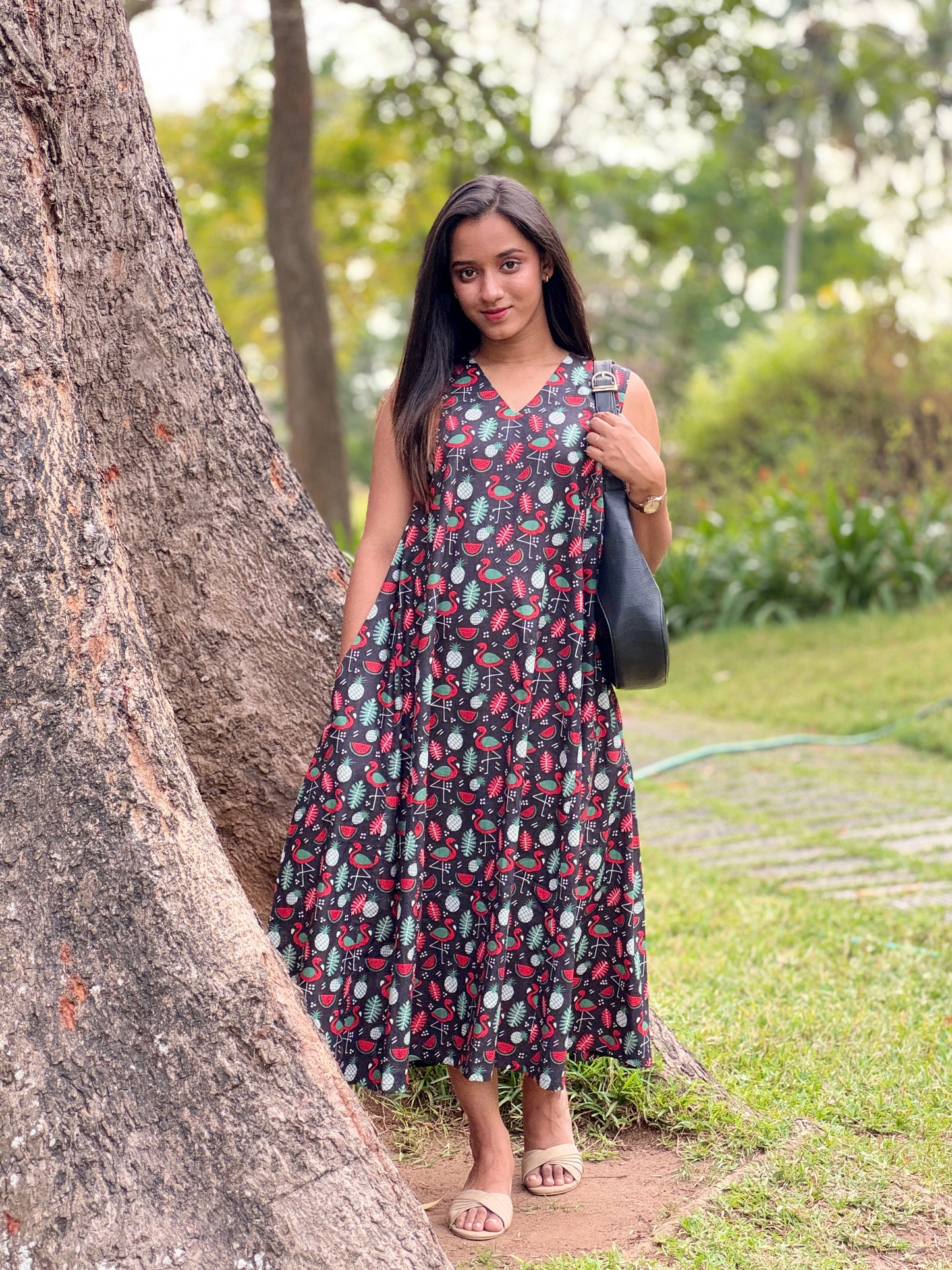 Black summer print flared dress