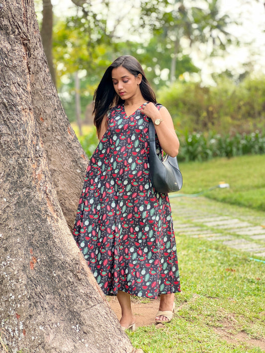 Black summer print flared dress