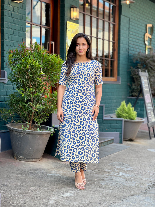 Block Printed Chettah Print Kurta and Pant Set