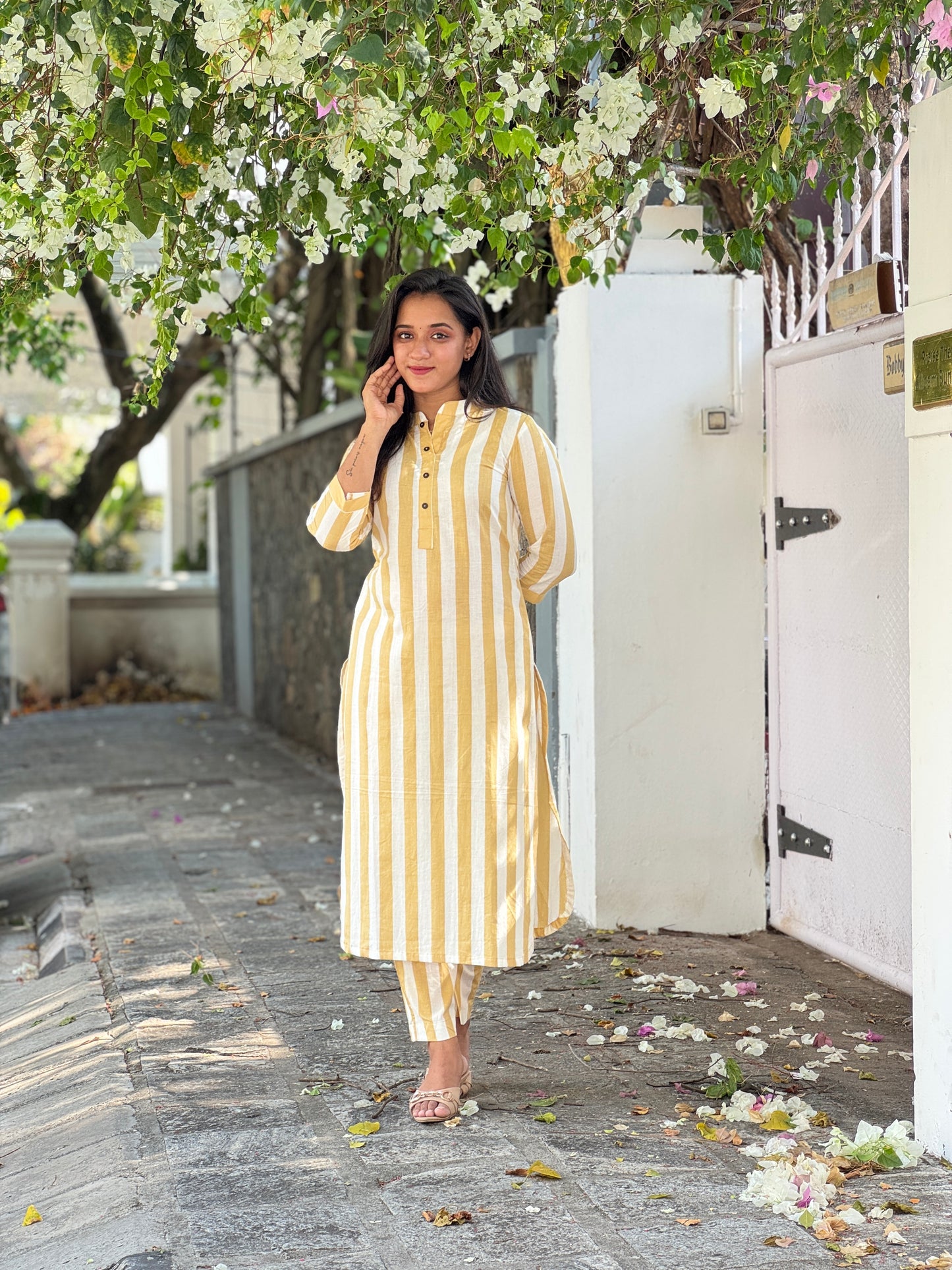 White and Beige Stripe Kurta Set
