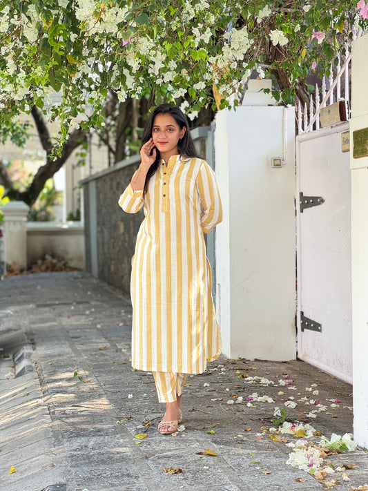 White and Beige Stripe Kurta Set