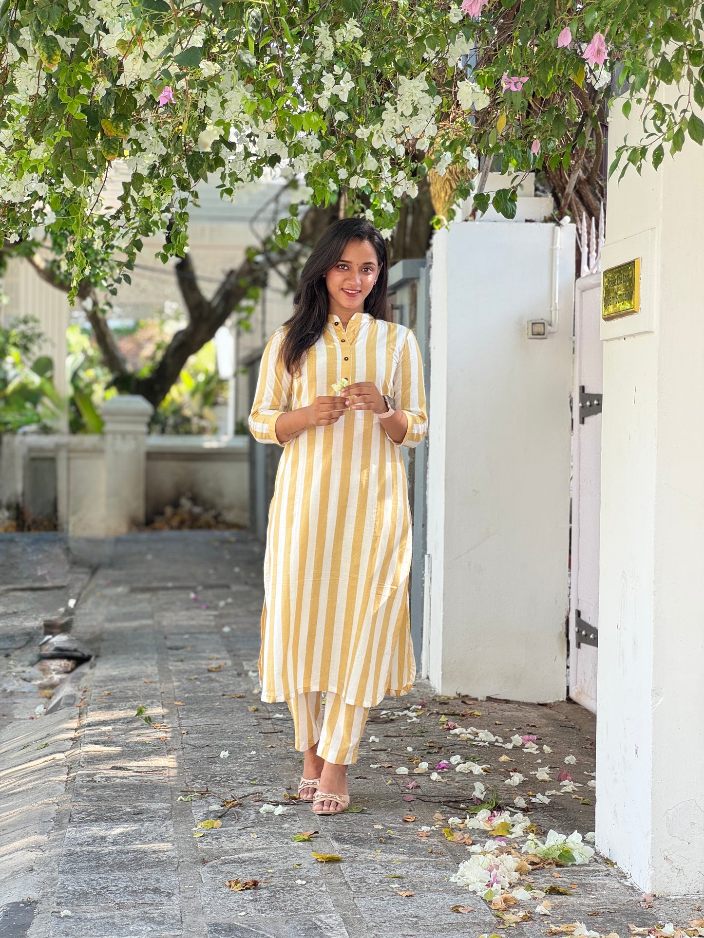 White and Beige Stripe Kurta Set