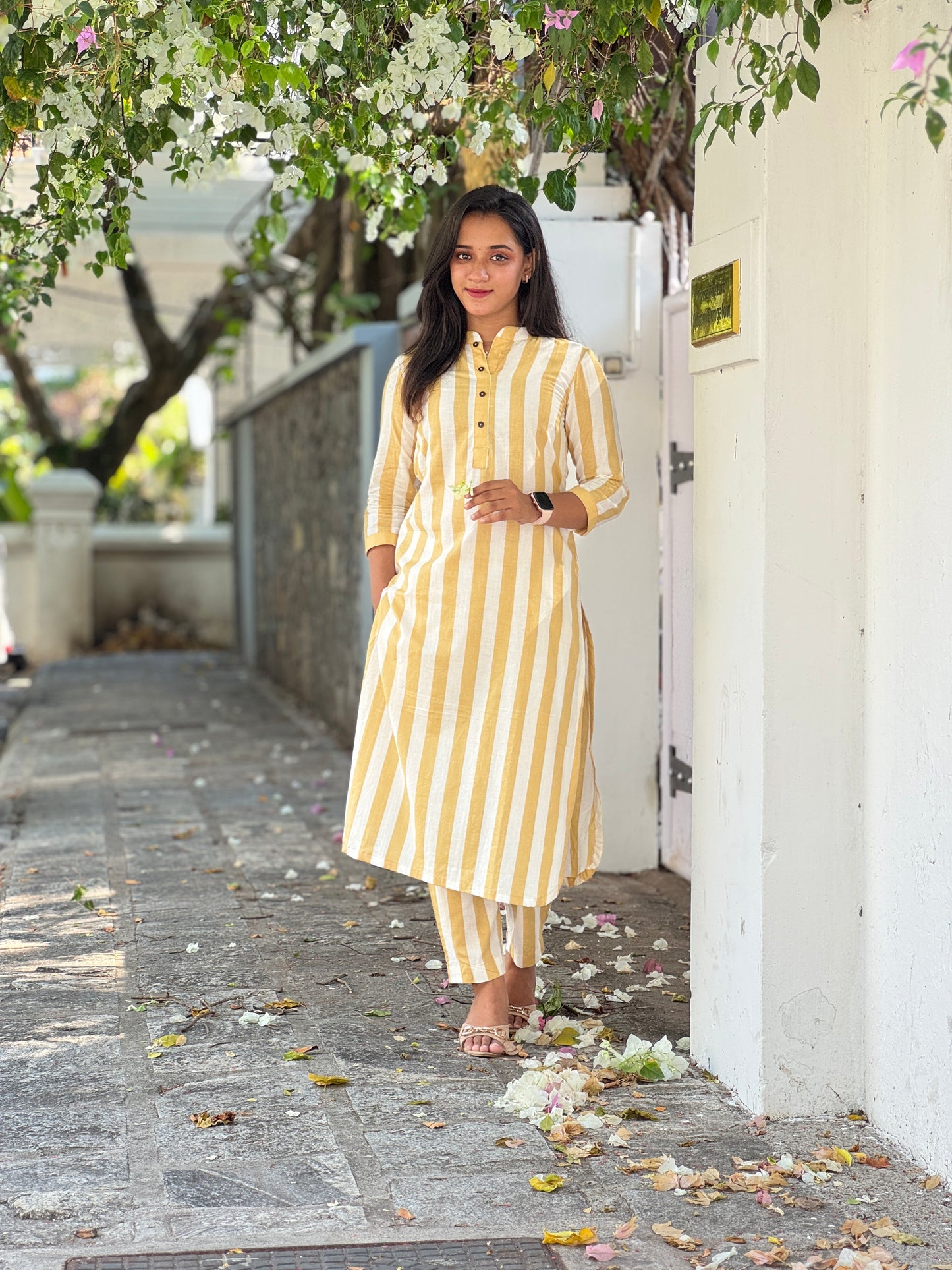 White and Beige Stripe Kurta Set