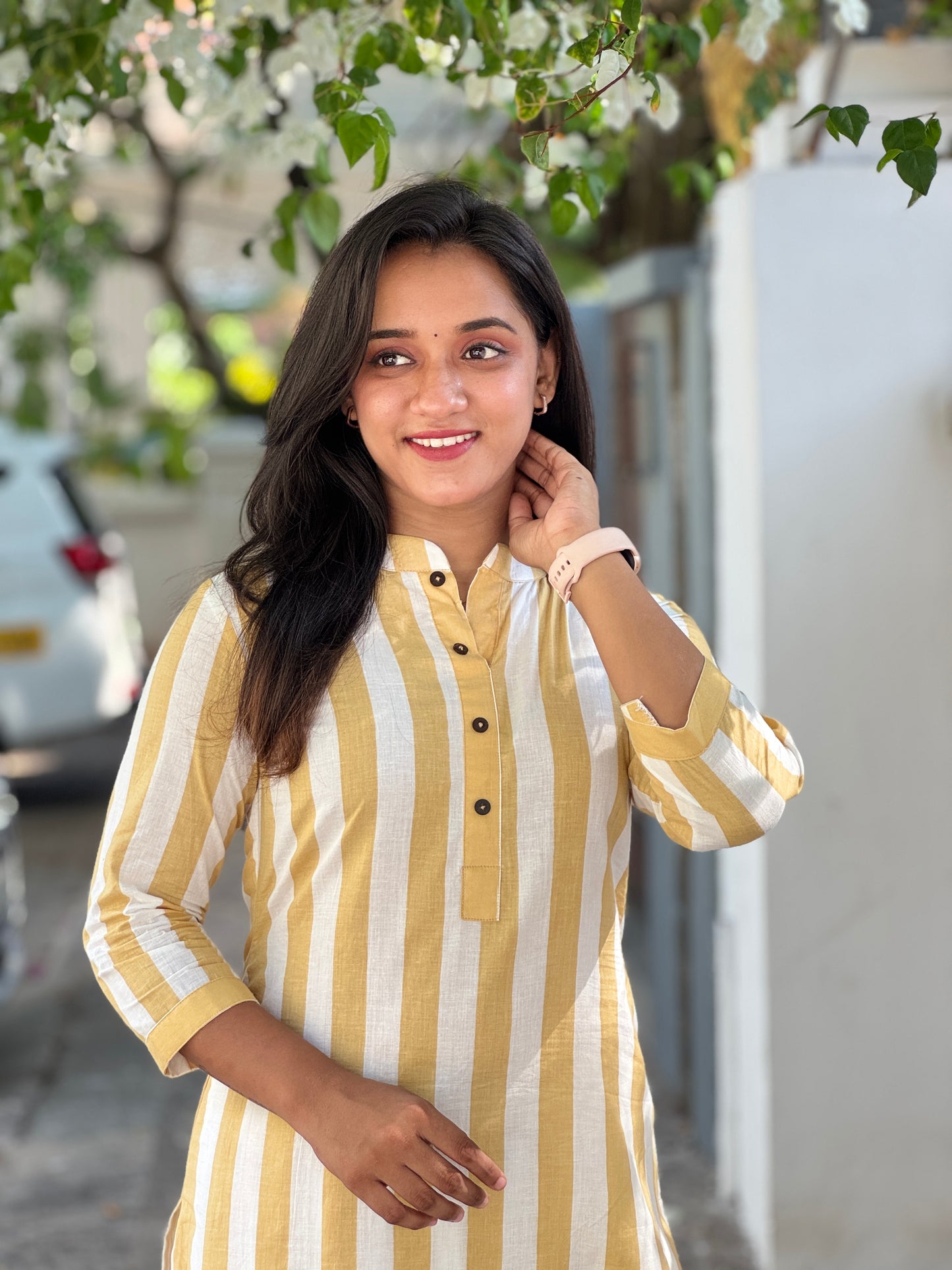 White and Beige Stripe Kurta Set