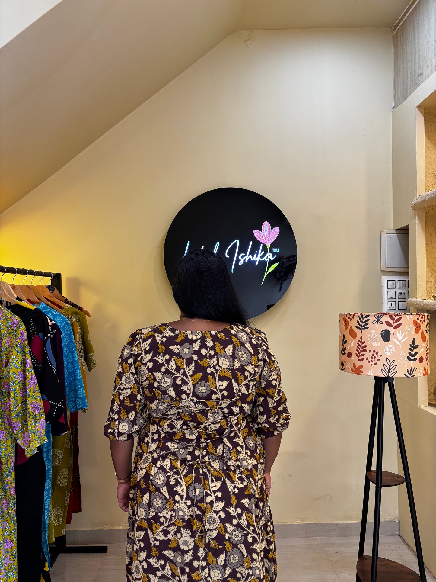 Dark Purple Kalamkari Printed Aline Dress with Back Zig Zag Tie