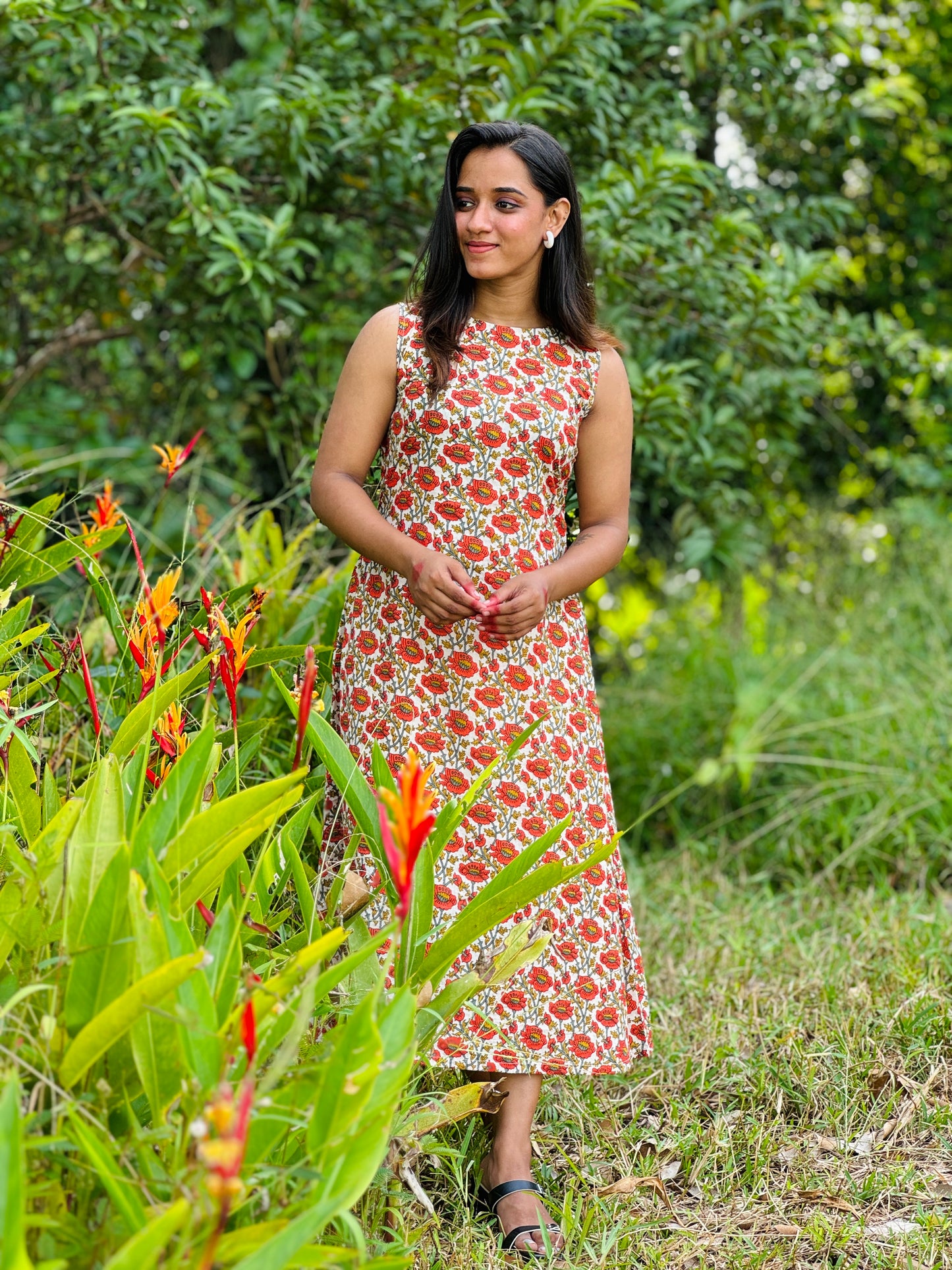 Cotton floral dress with back neck design