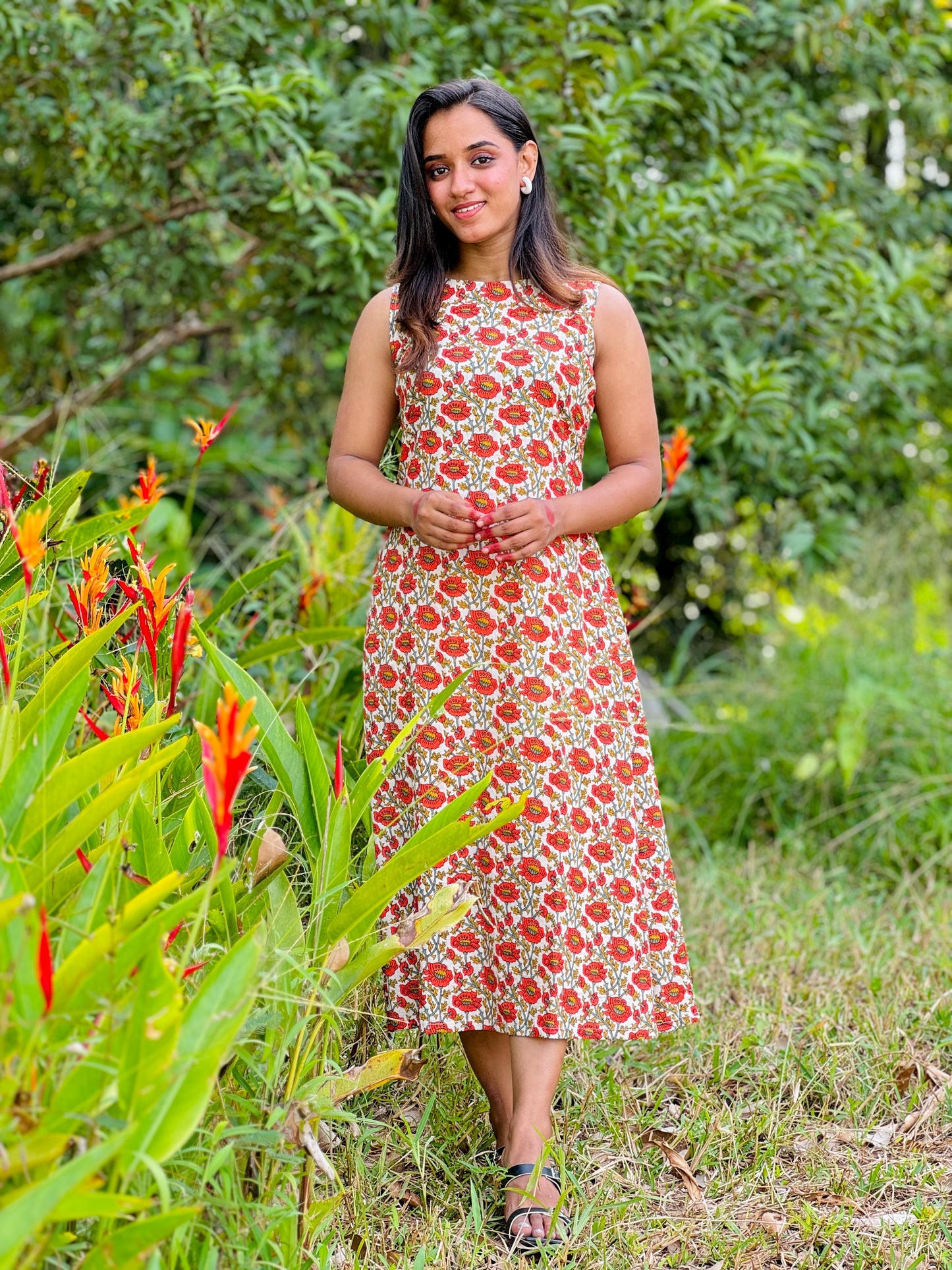 Cotton floral dress with back neck design