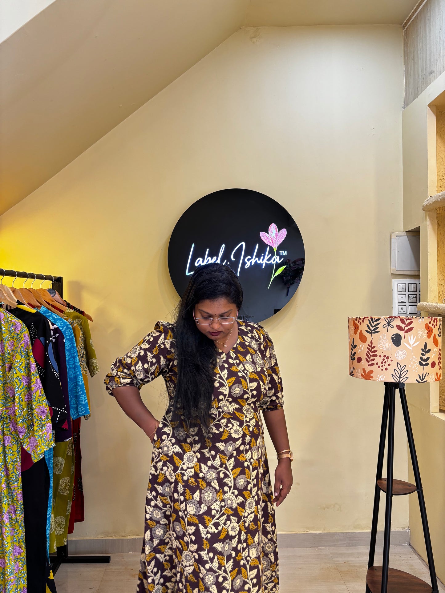 Dark Purple Kalamkari Printed Aline Dress with Back Zig Zag Tie