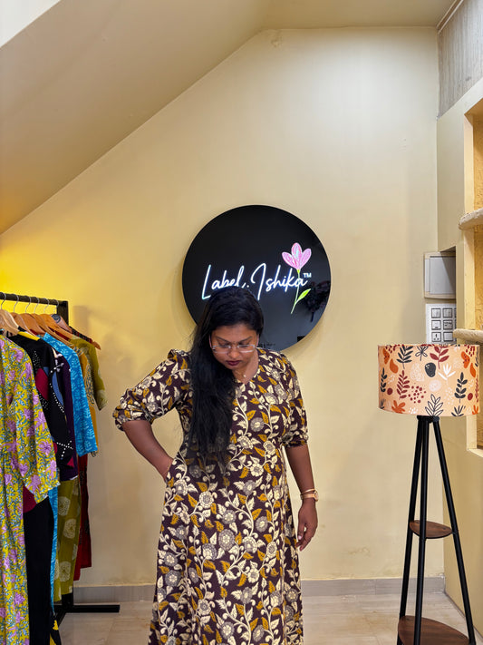 Dark Purple Kalamkari Printed Aline Dress with Back Zig Zag Tie